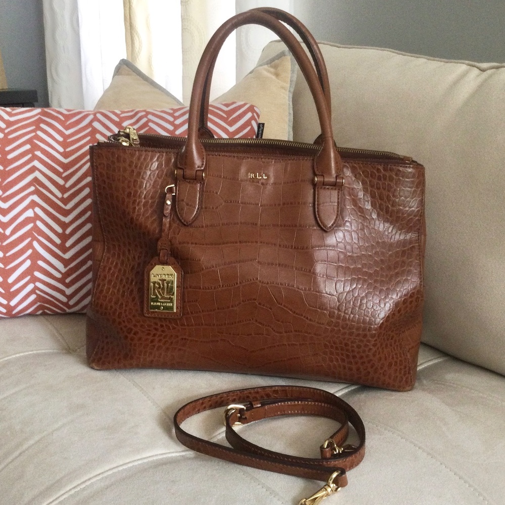 Ralph Lauren Croc Embossed Double Zip Large Business Tote Satchel